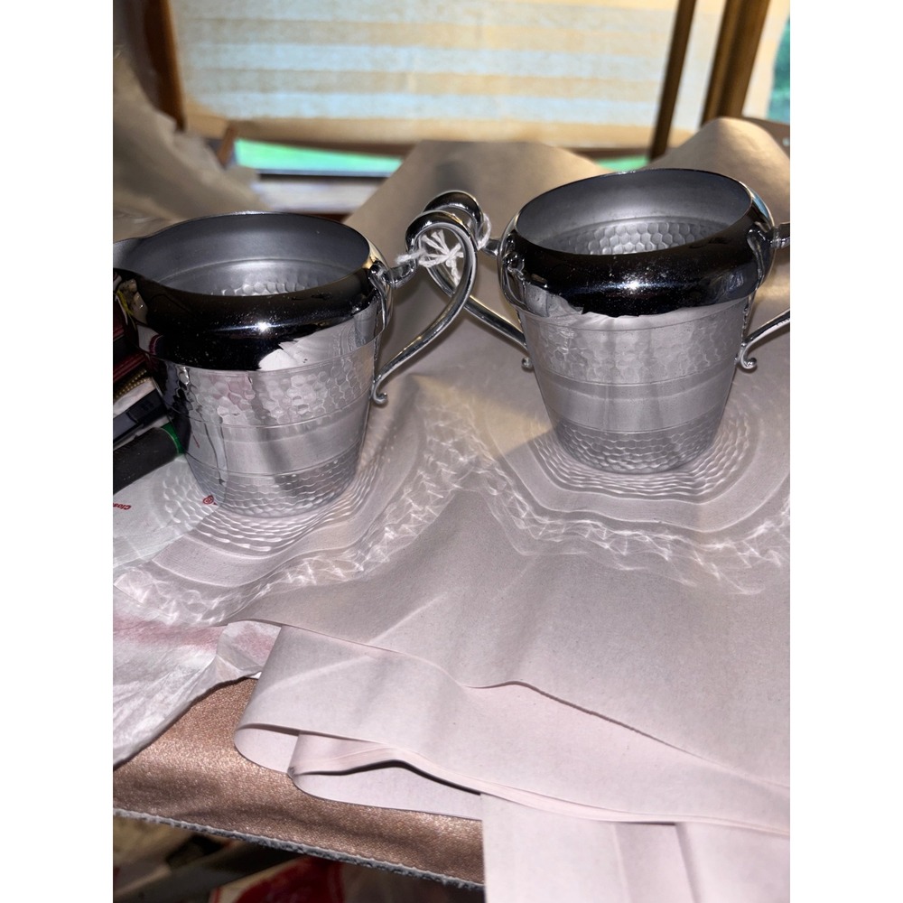 Silver Mfg Corp Chromium Vintage Creamer and Sugar Bowl Set Hammered Silver